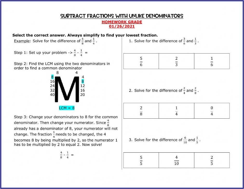 Subtract Fractions With Unlike Denominators Worksheet