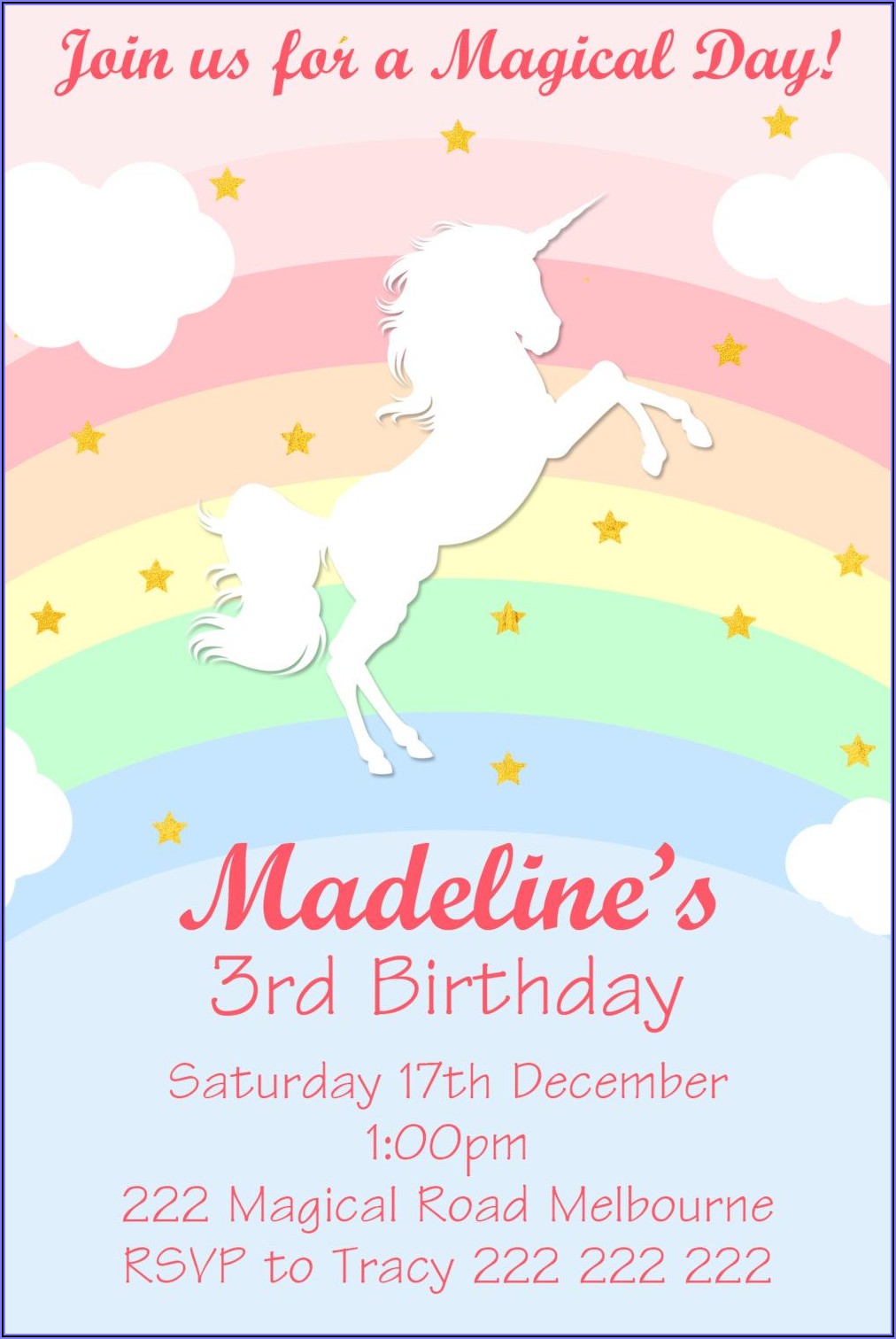 Unicorn Rainbow Birthday Invitations