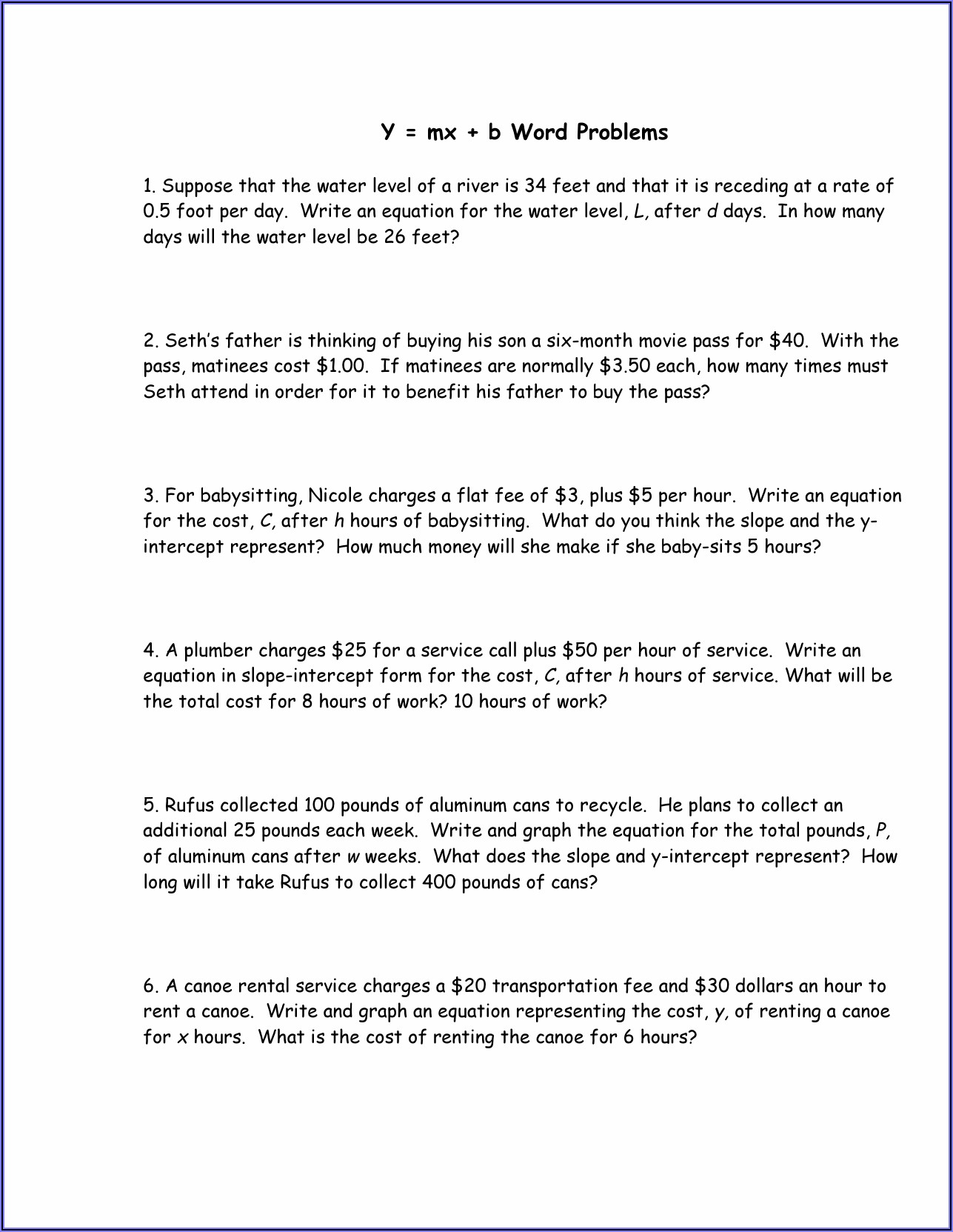 Word Problems In Slope Intercept Form Worksheet Answers