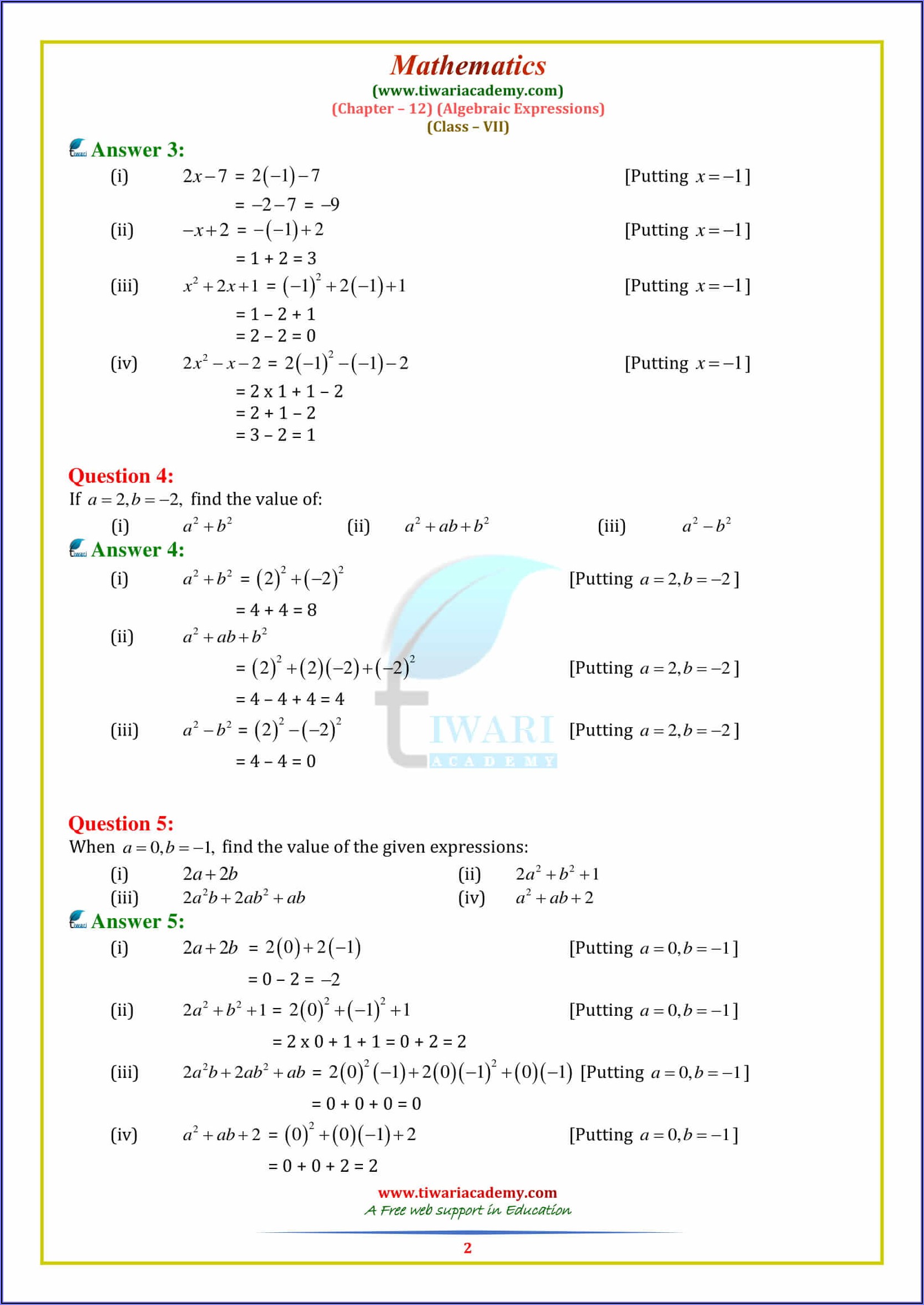 Worksheet Algebraic Expressions Class 7