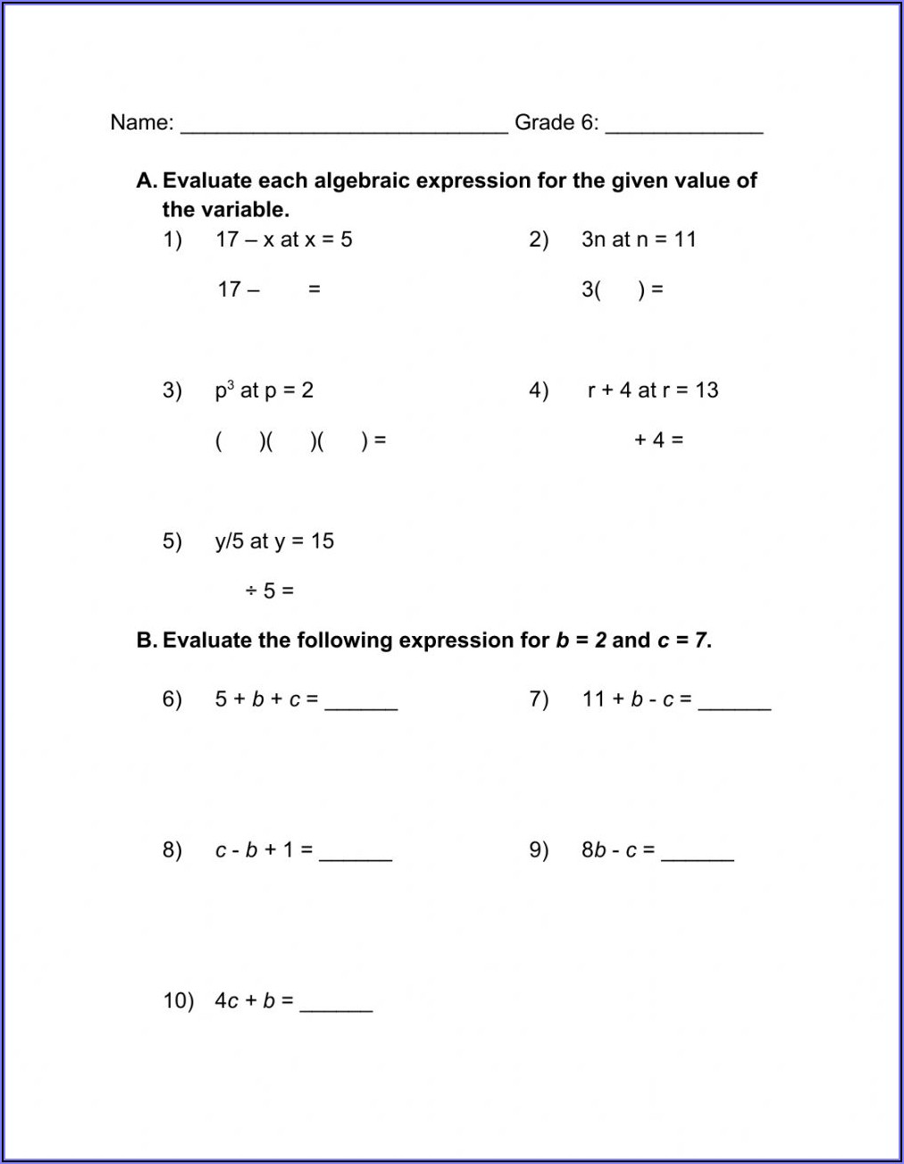 Worksheet Algebraic Expressions