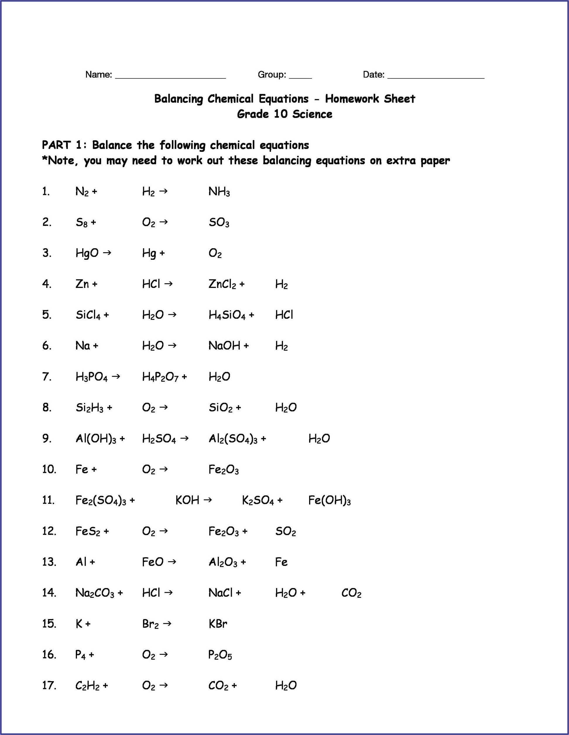 Worksheet Writing And Balancing Chemical Equations Answers