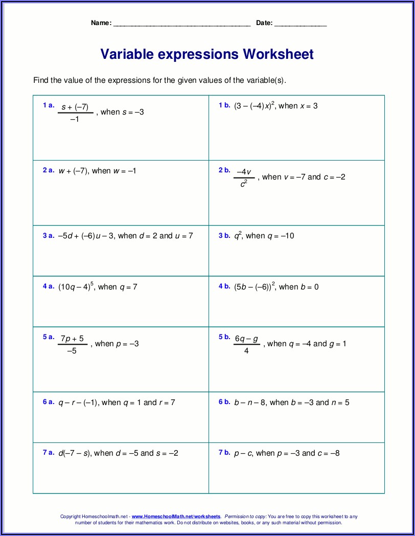 Worksheets On Algebraic Expressions For Grade 7