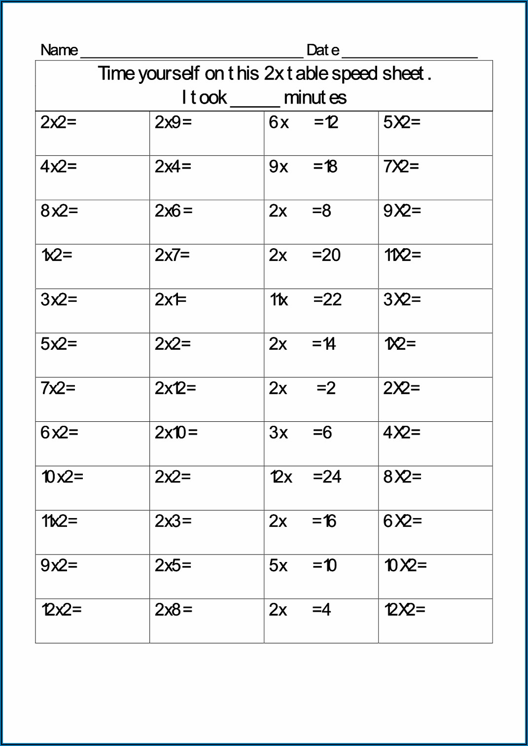 2 Times Table Practise Sheet