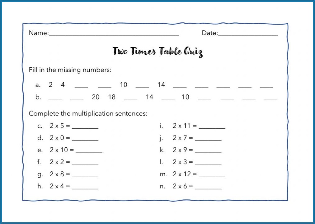 2 Times Table Quiz Worksheet