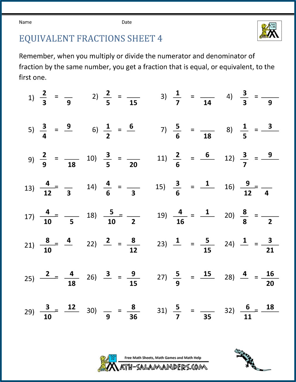 4th Grade Math Fractions Sheets