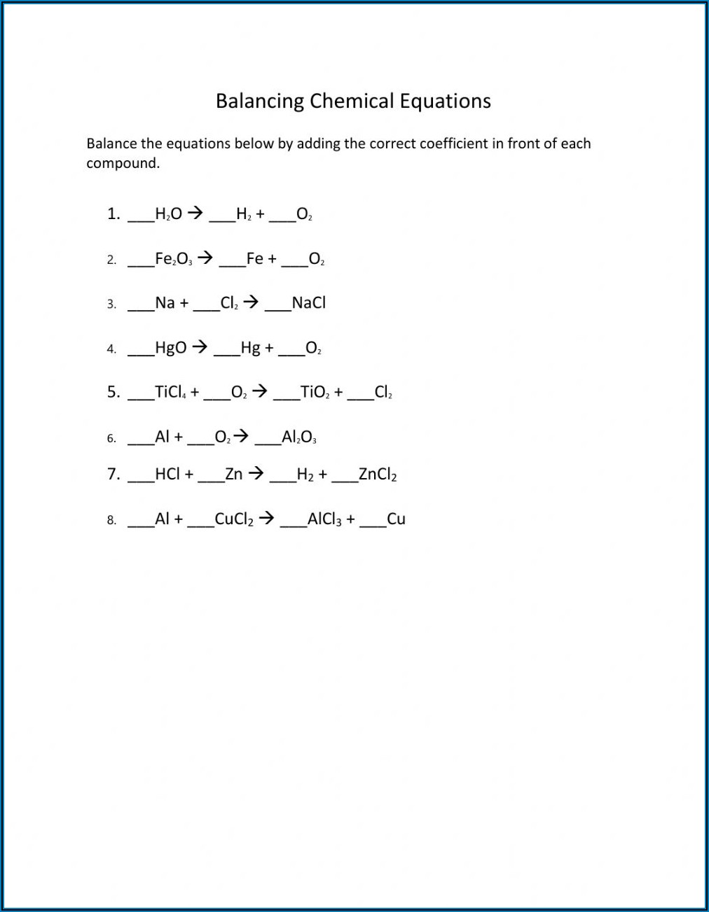 Balancing Chemical Equations Worksheet With Answers Grade 11