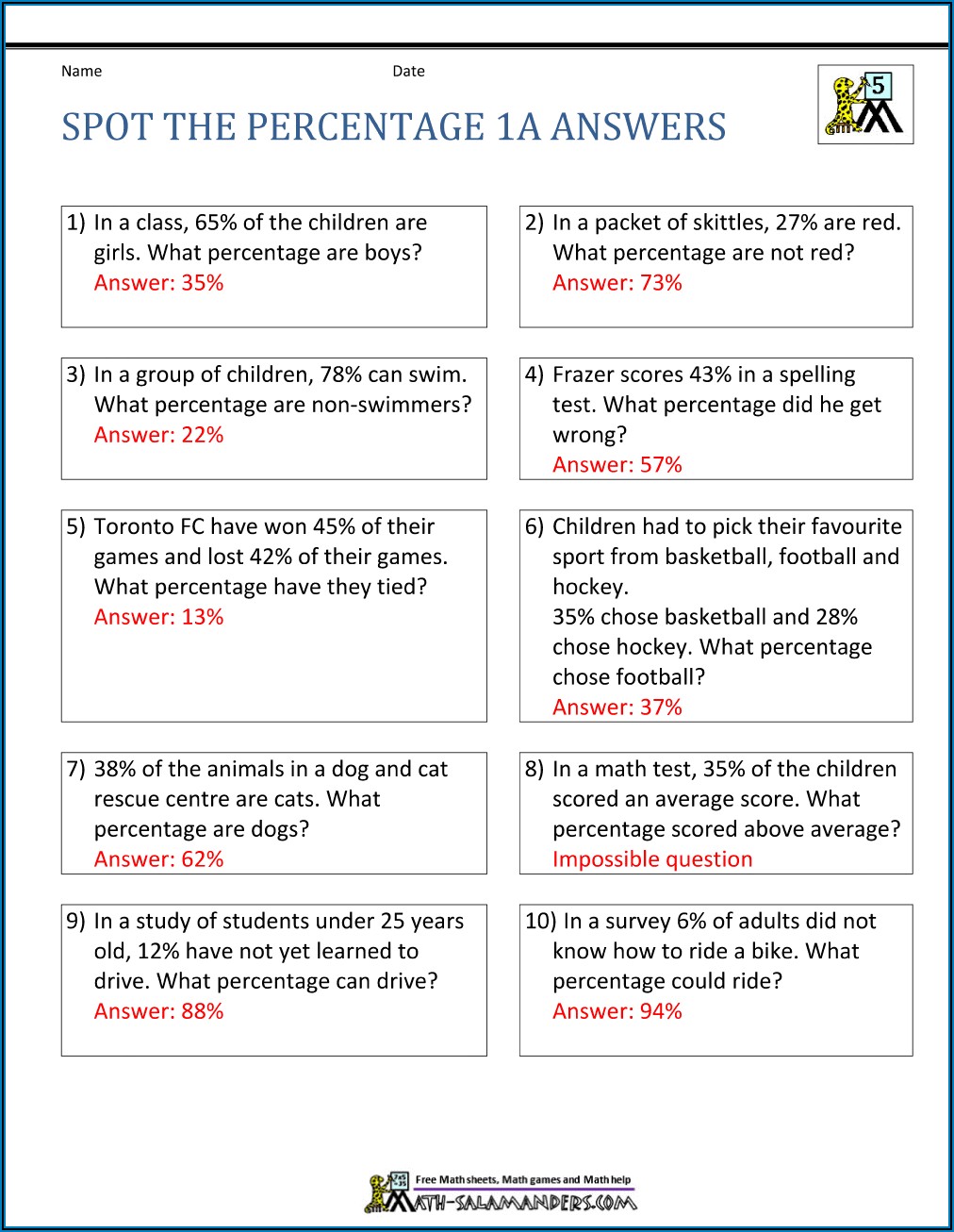 Calculating Percentages Worksheets Word Problems