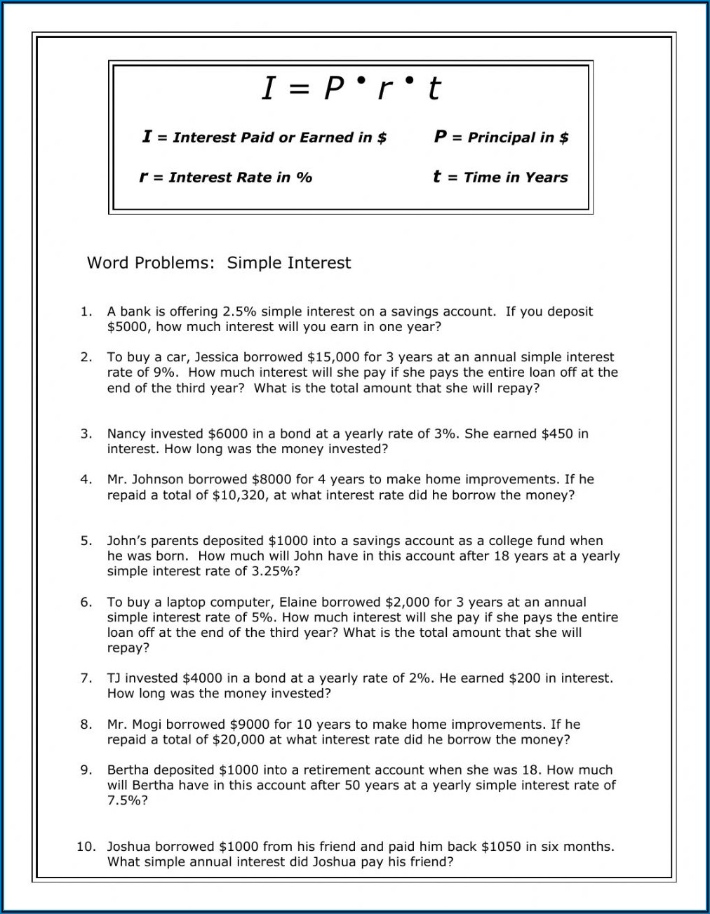 Compound Interest Word Problems Worksheet With Answers