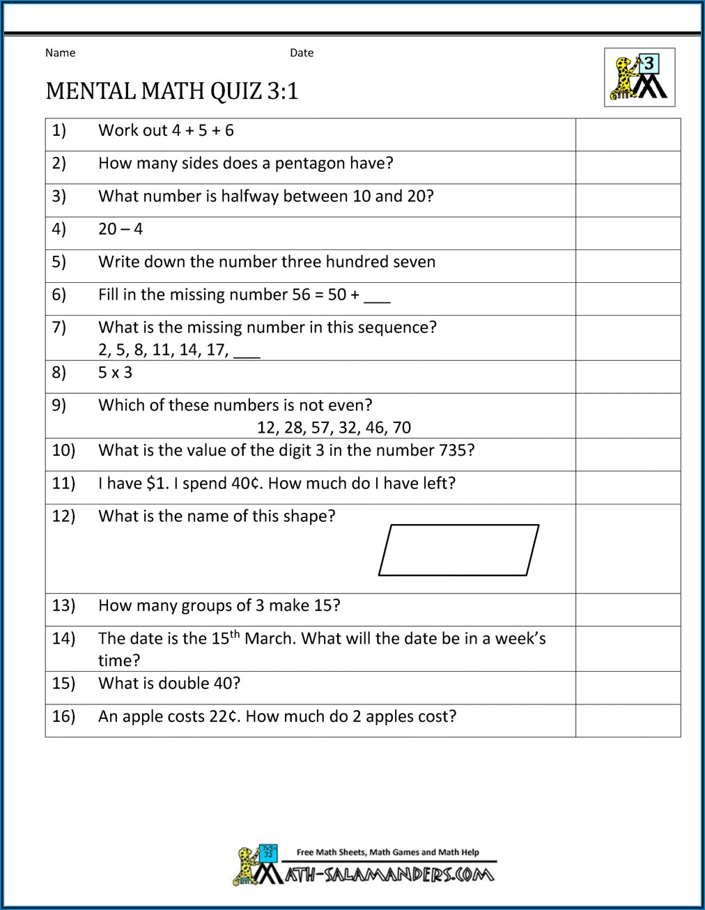 Educational Worksheets For 3rd Graders