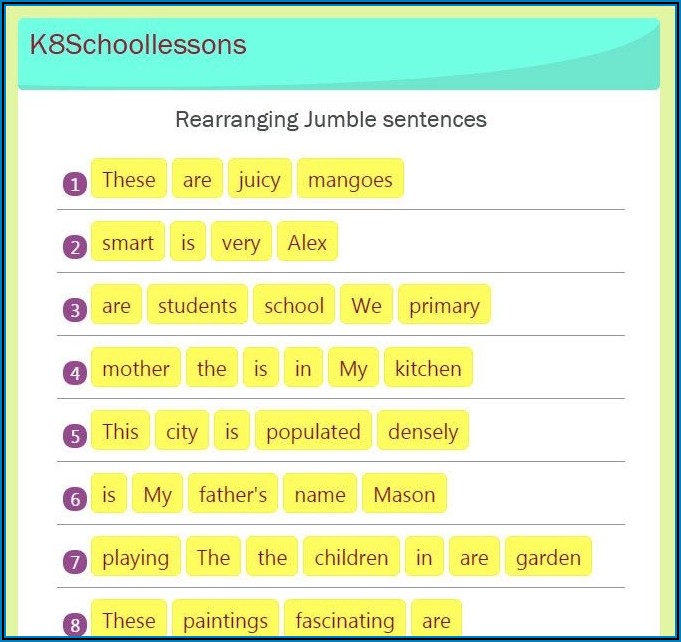 English Grammar Jumbled Sentences Worksheets