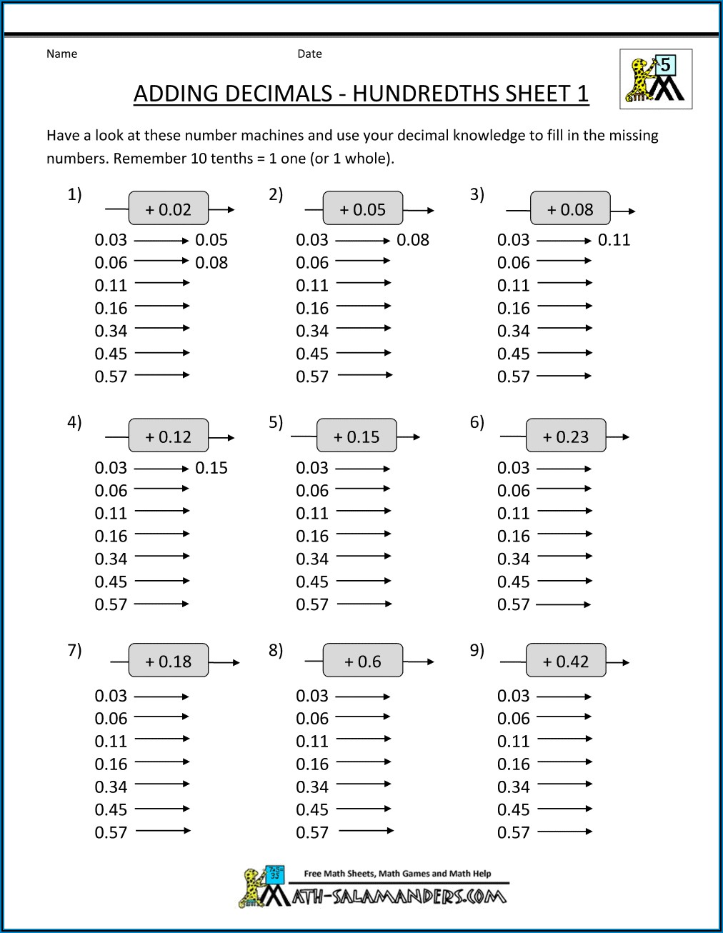 Free Printable Decimal Math Sheets
