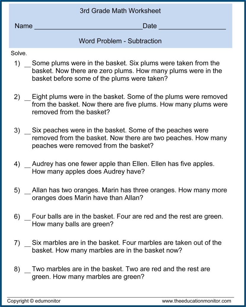 Free Printable Math Worksheets For 3rd Grade Word Problems