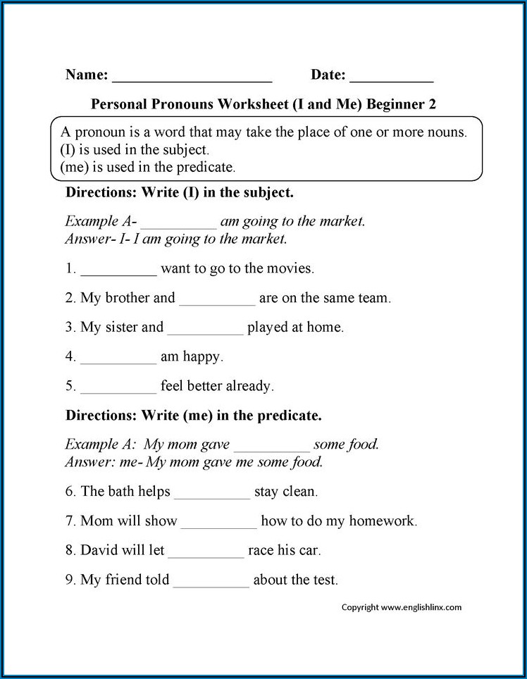 Free Worksheets On Pronouns For Grade 2