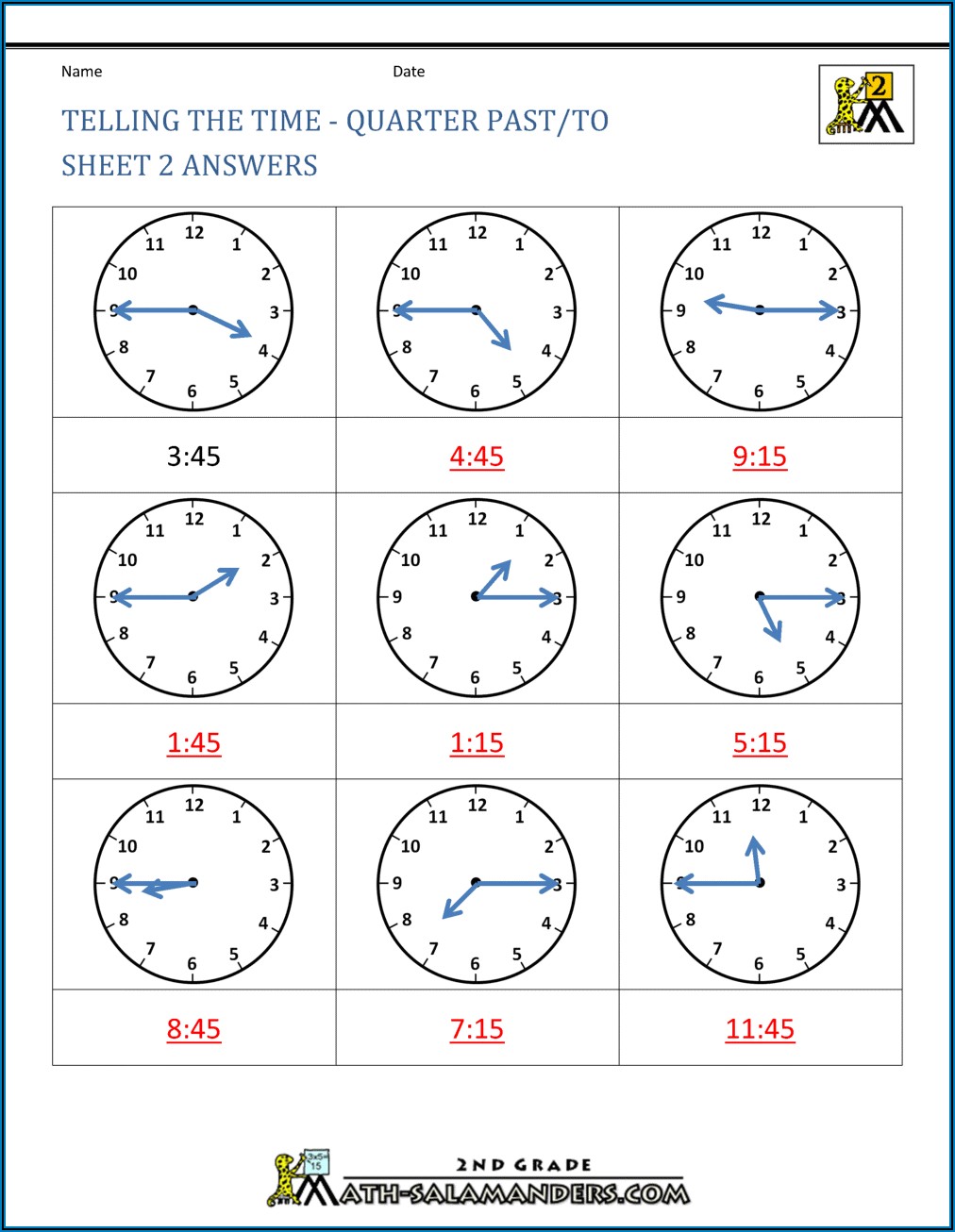Grade One Telling Time Worksheets