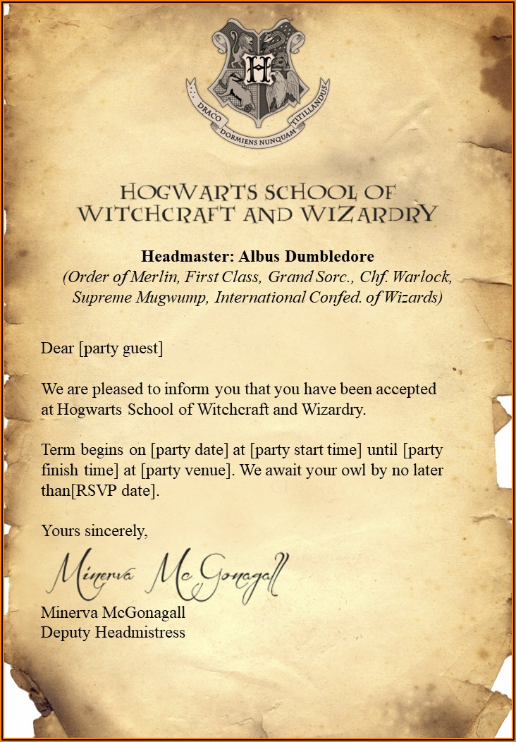 Harry Potter Invitation To Hogwarts Template