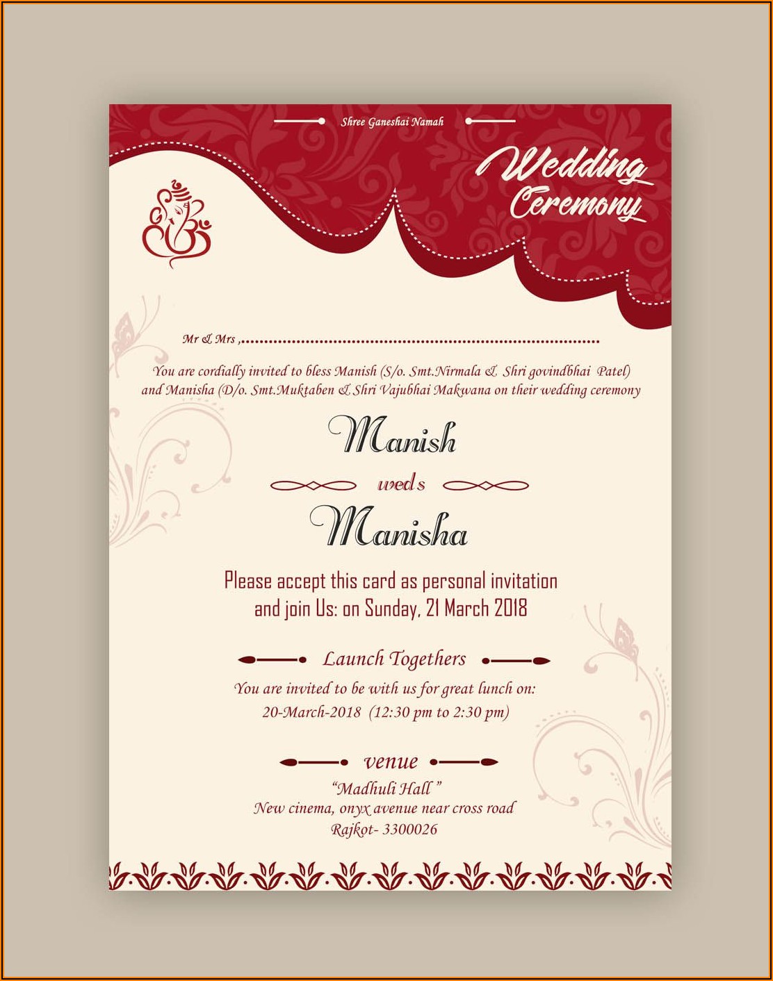 Hindu Wedding Invitation Card Format In English Editable