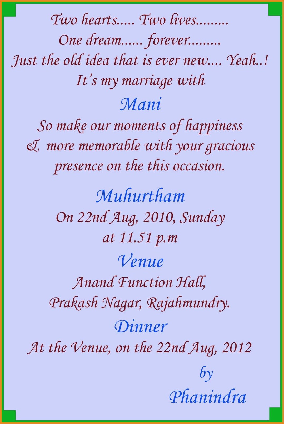Hindu Wedding Invitation Card In English