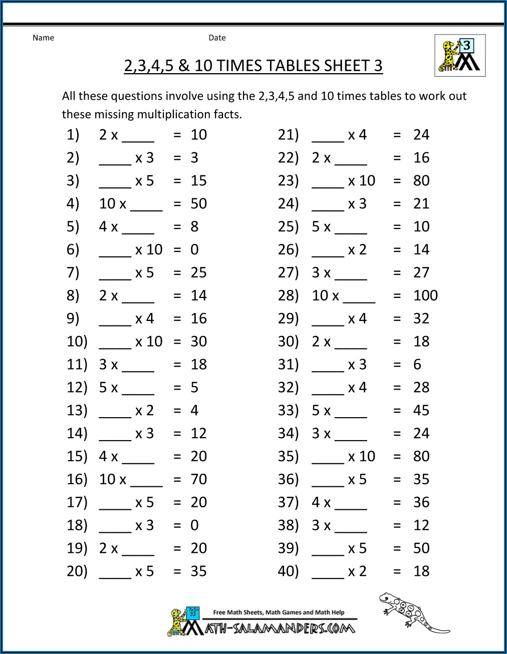 Math Times Tables Worksheets 3rd Grade