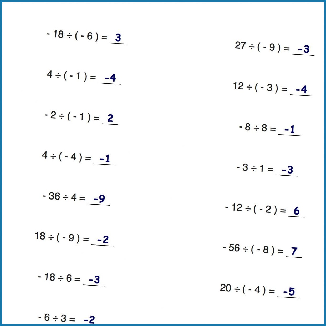 Multiplying And Dividing Negative Numbers Worksheet Pdf