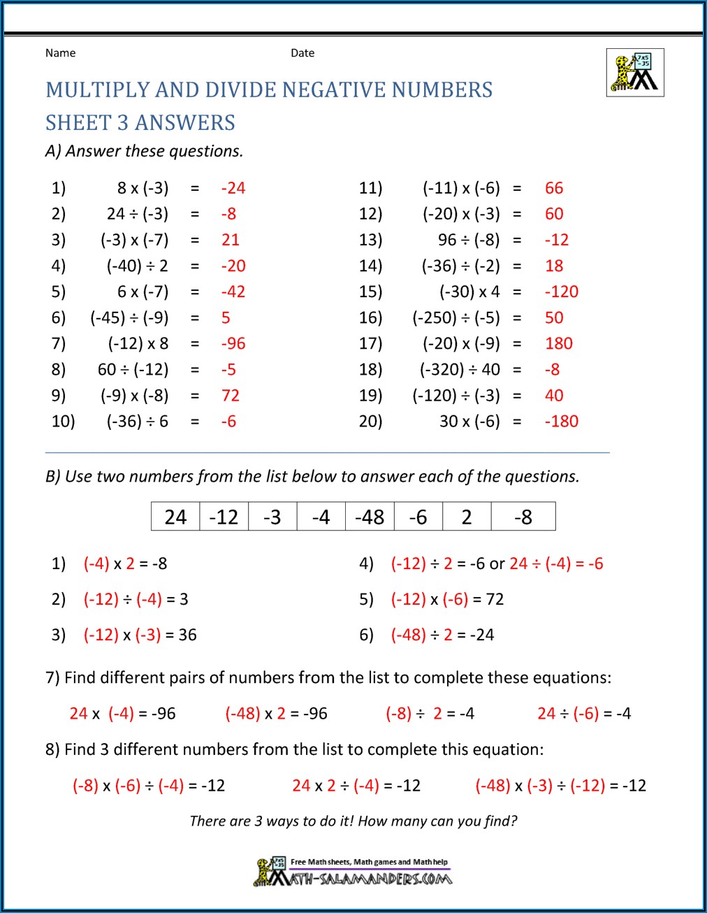 Multiplying Negative Numbers Worksheet With Answers