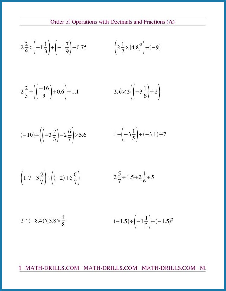 Order Of Operations With Fractions And Decimals Worksheet Pdf