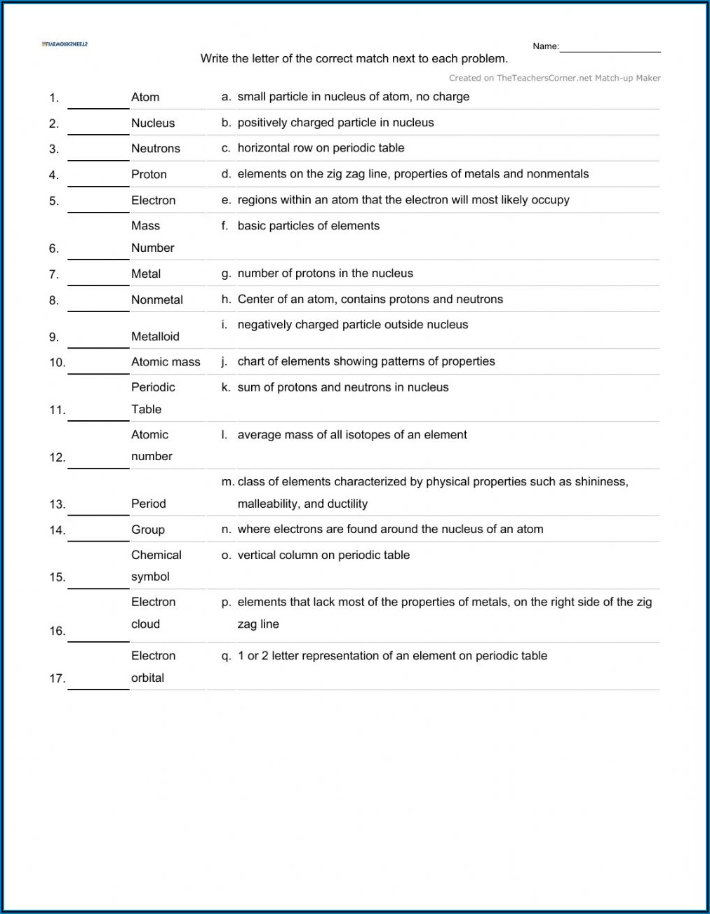 Periodic Table Practice Worksheet 7th Grade