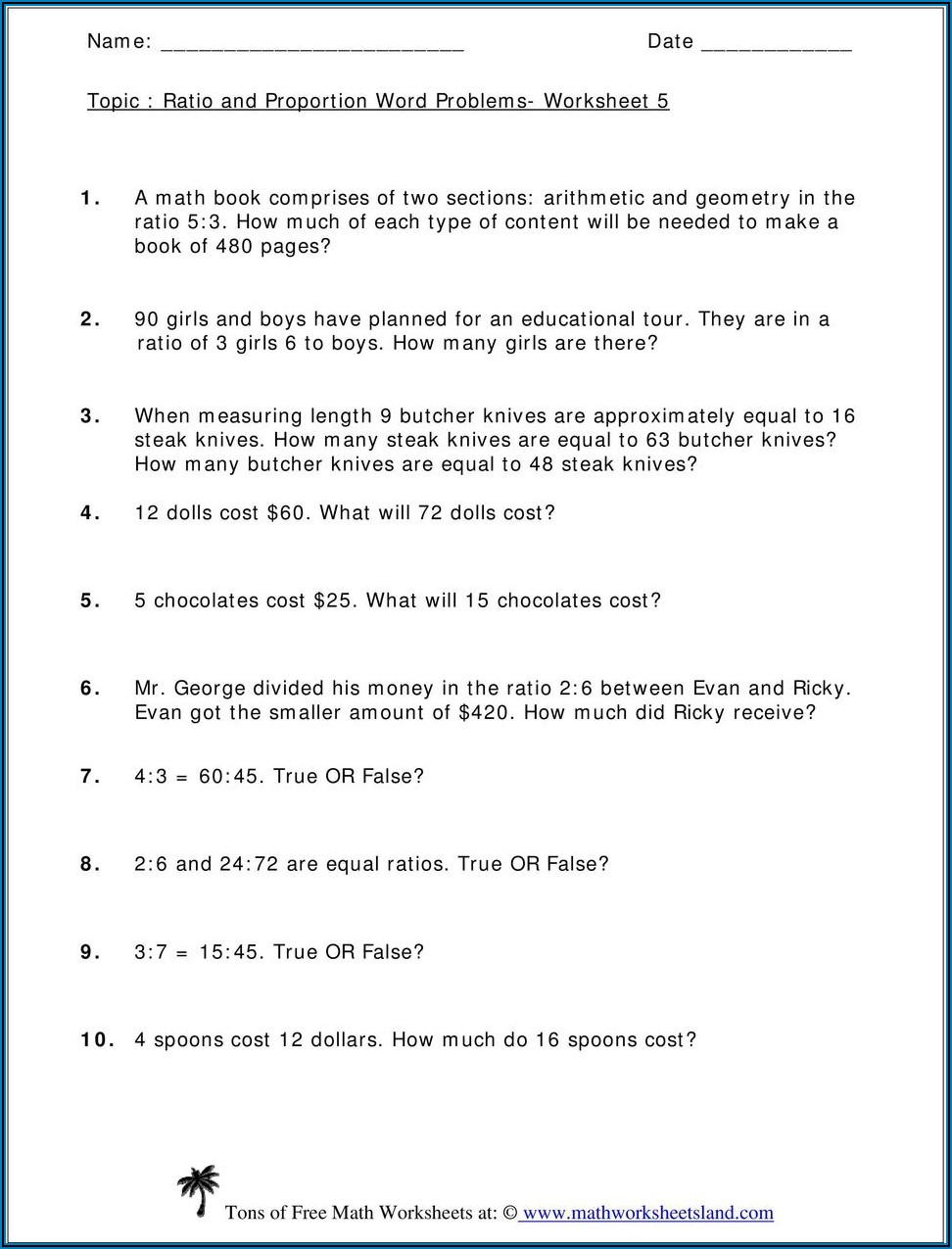 Ratio And Proportion Word Problems Worksheet Doc