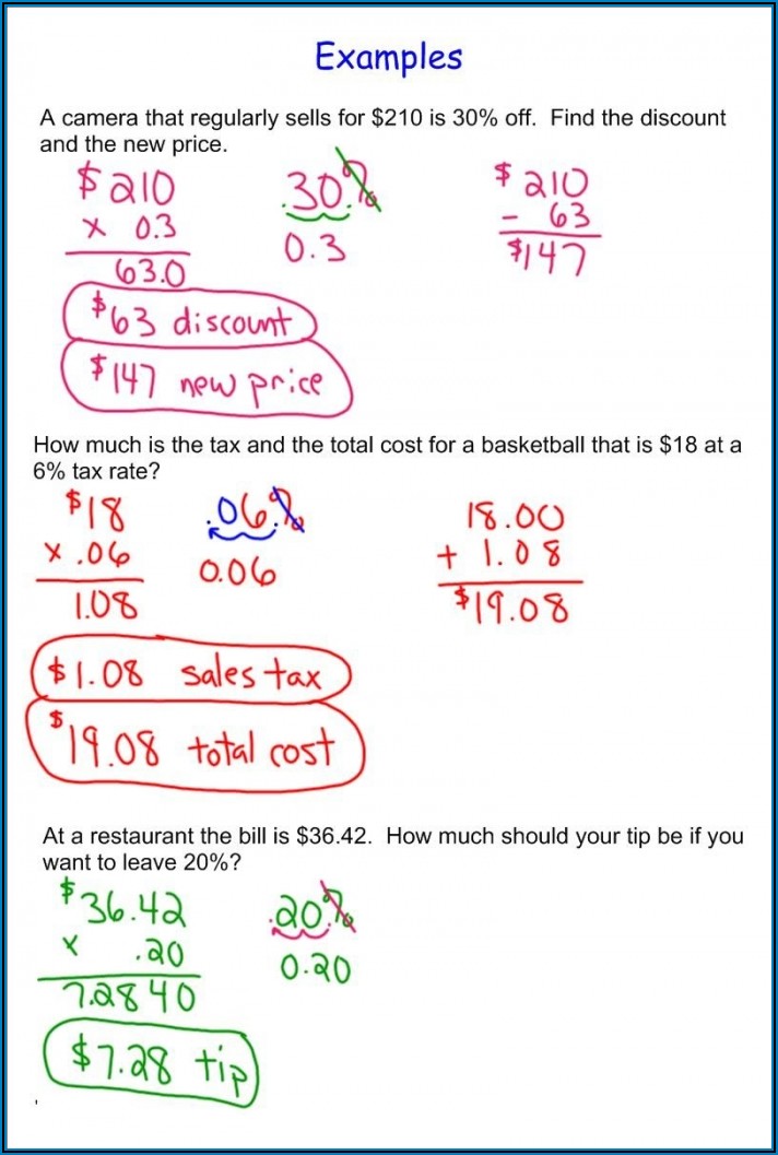 Sales Tax And Discount Worksheet Math 7
