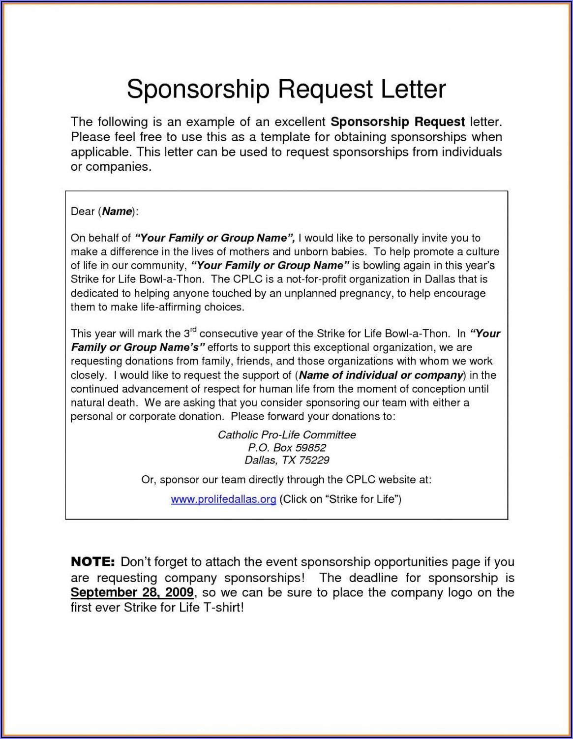 Sample Sponsorship Request Letter For Charity Event