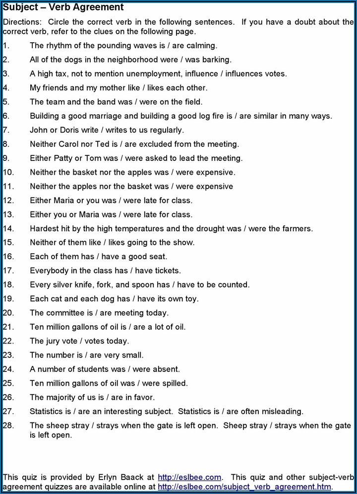 Subject Verb Agreement Exercises With Answer Key Pdf