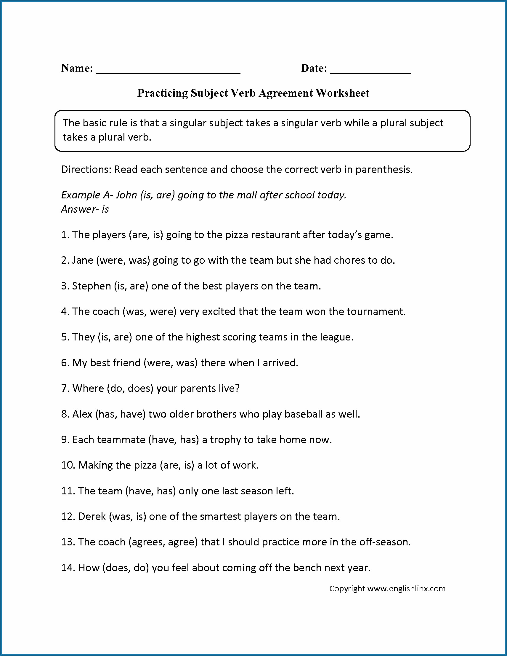 Subject Verb Agreement Worksheet With Answer Key Pdf