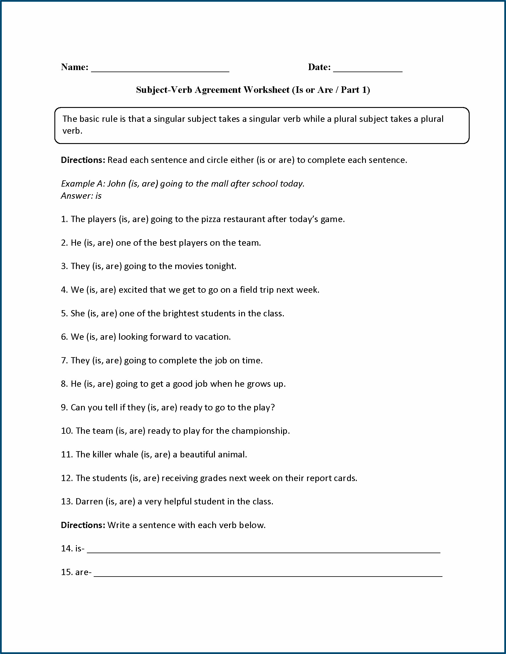Subject Verb Agreement Worksheets Grade 6 With Answer Key Pdf