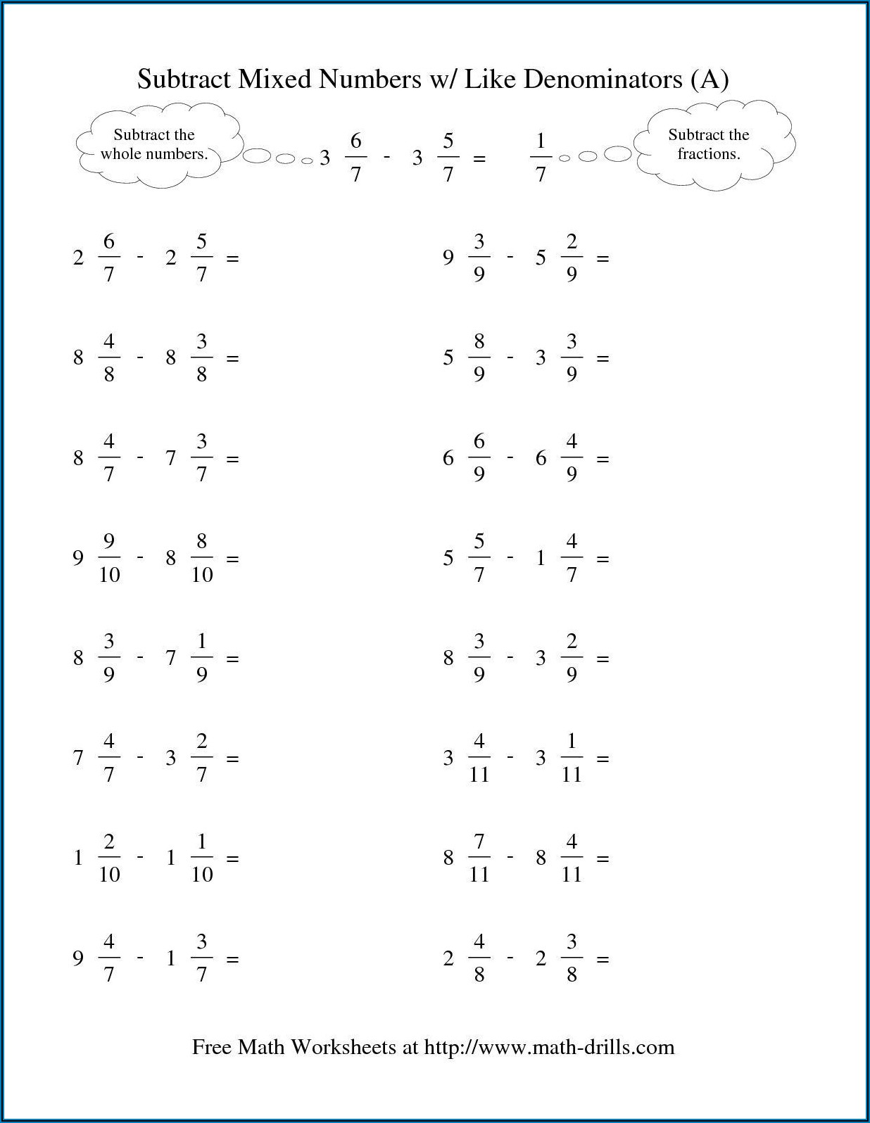 Subtract Mixed Numbers Worksheet