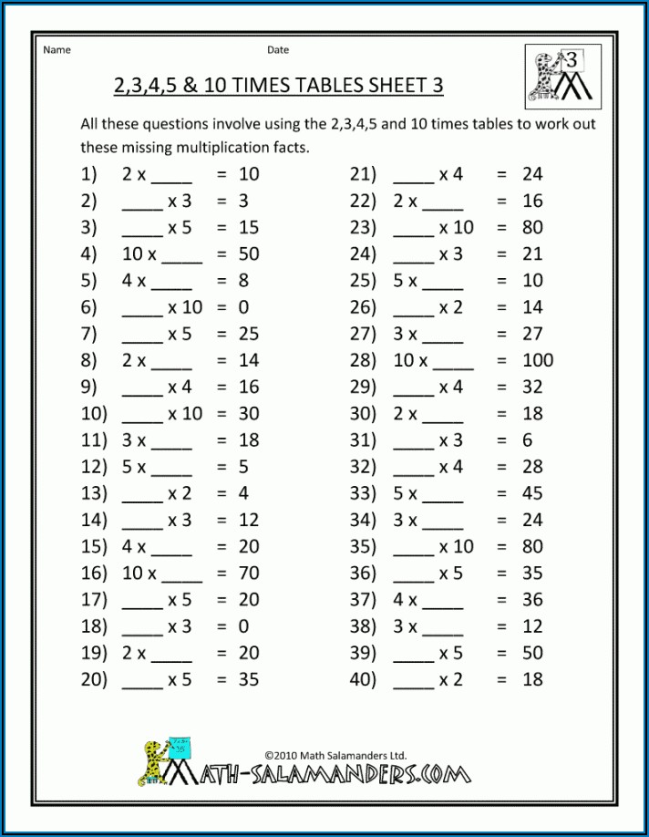 Time Table Worksheets Grade 4