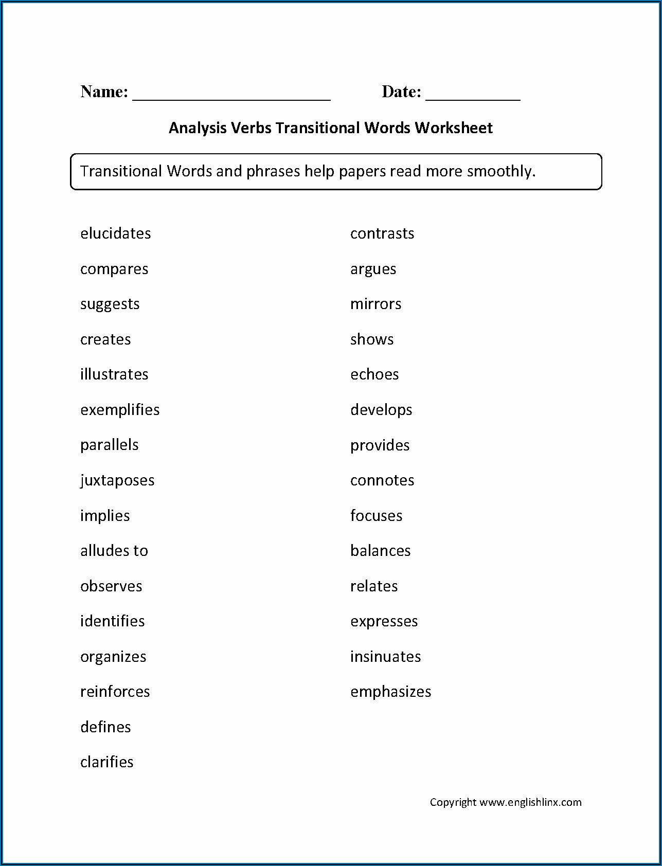 Transition Words Worksheets 5th Grade