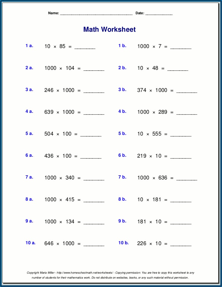 Whole Number Arithmetic Worksheets