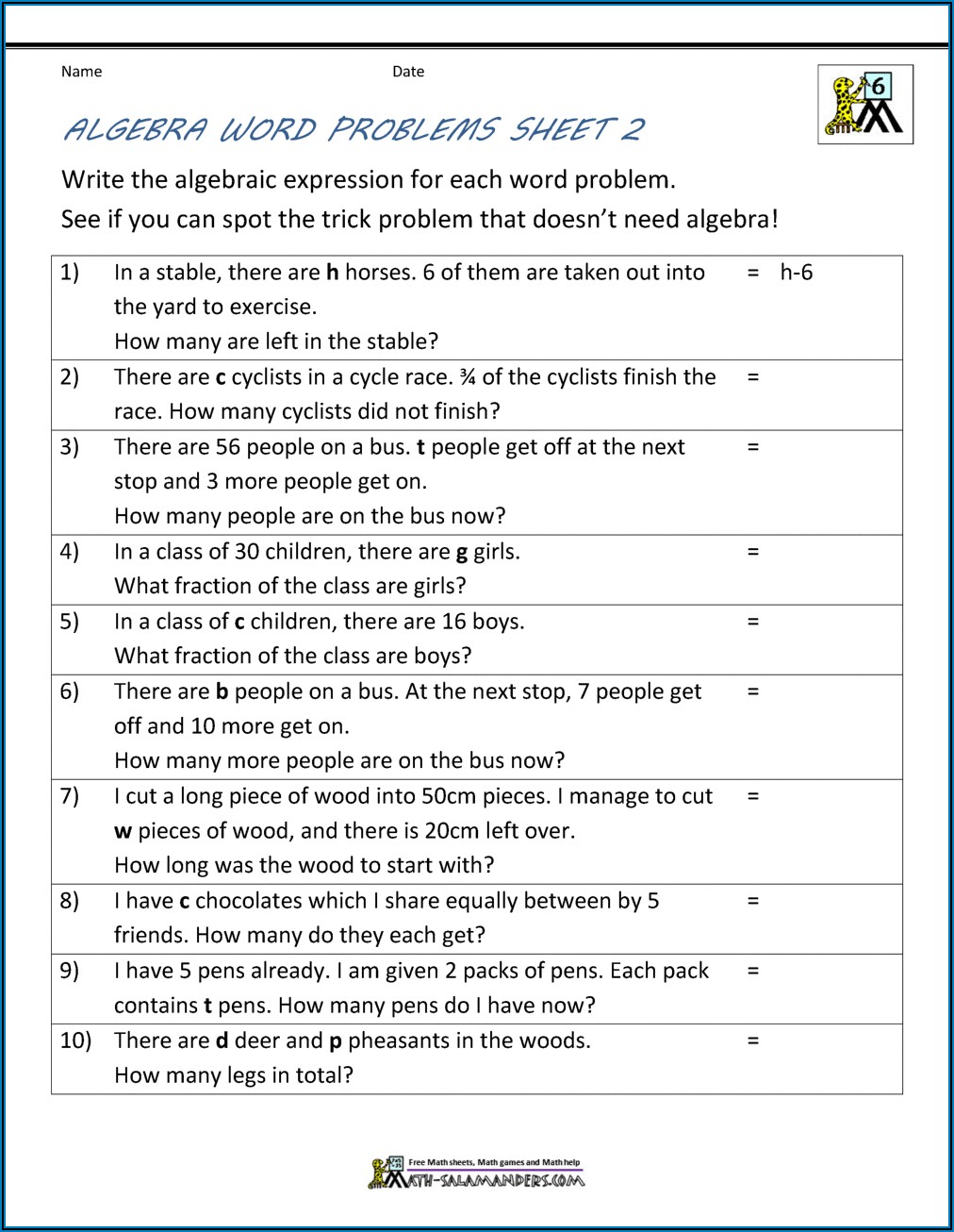 Writing Expressions From Word Problems Worksheet 7th Grade