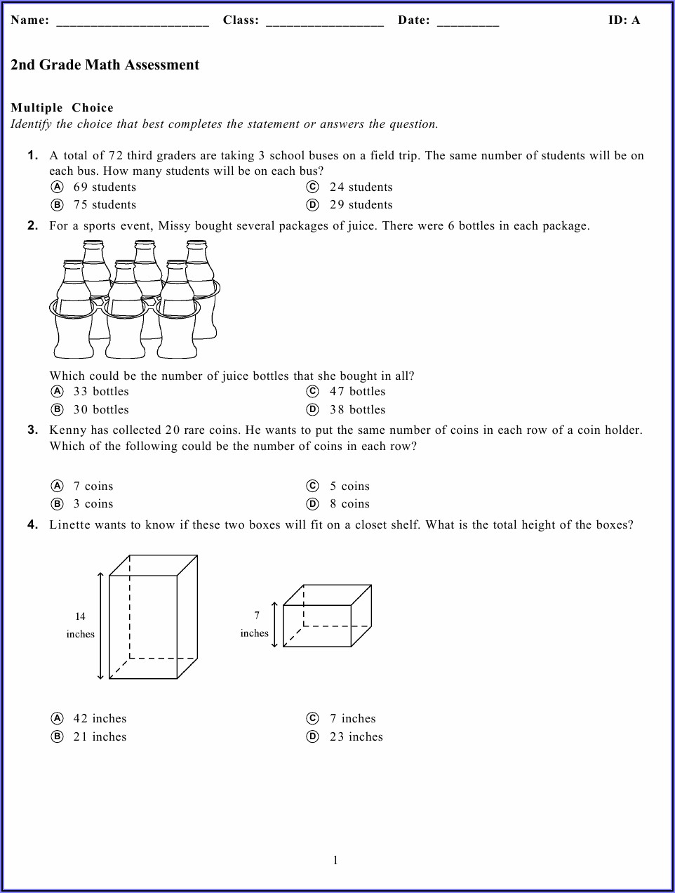 8th Grade Math Pretest Printable