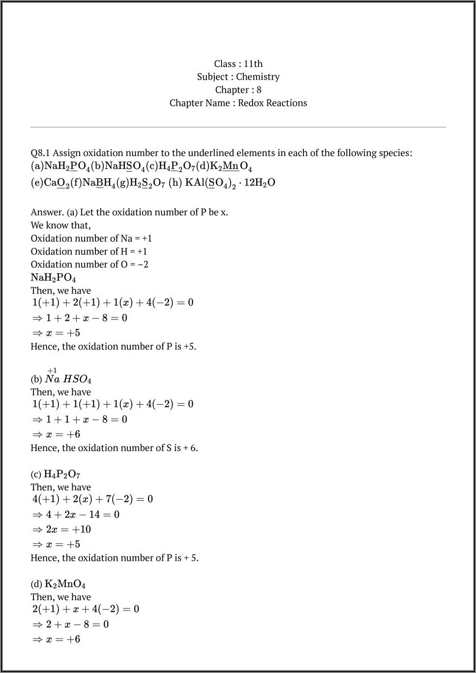 Assigning Oxidation Numbers Practice Worksheet Answers