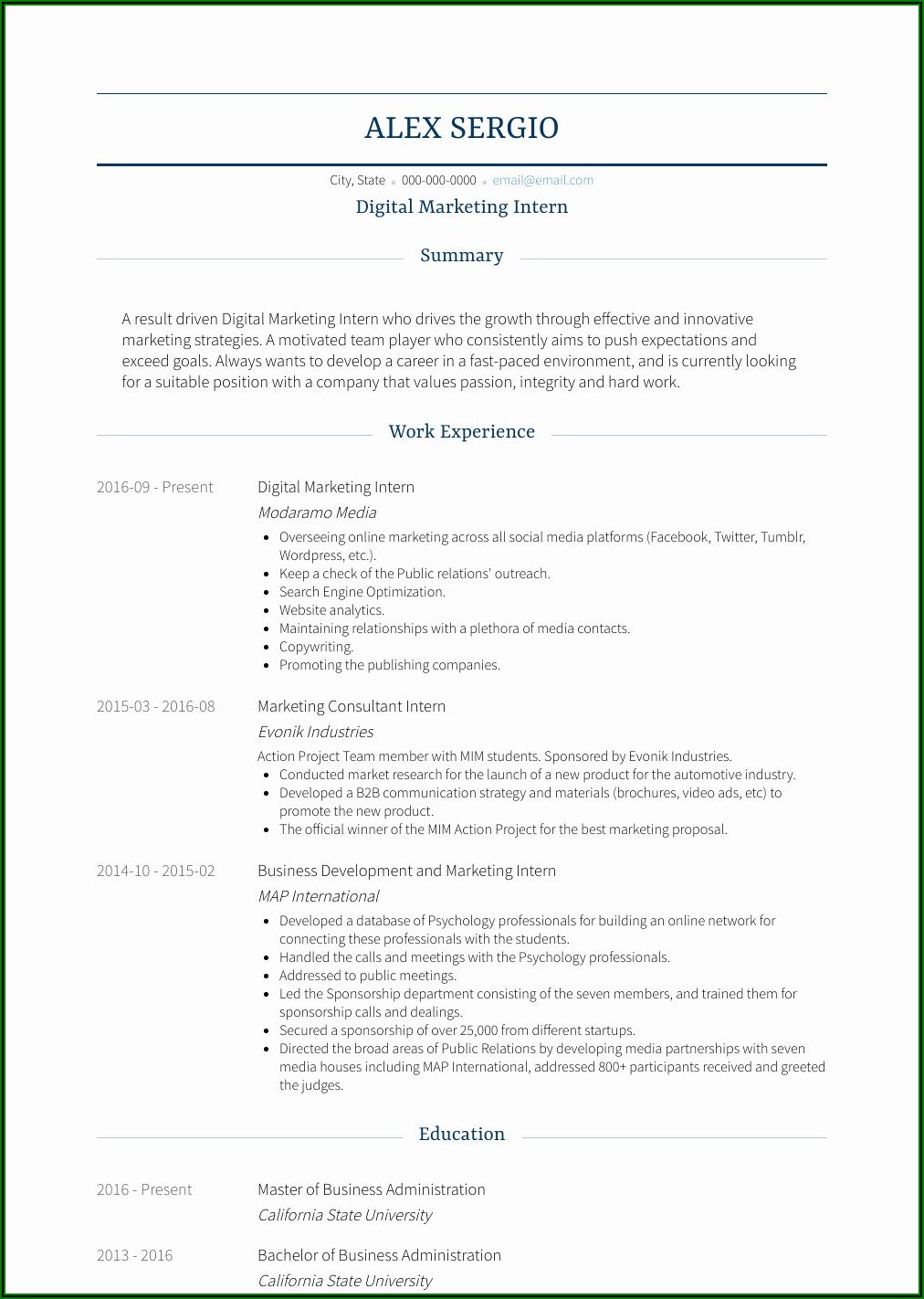Digital Marketing Intern Resume Sample