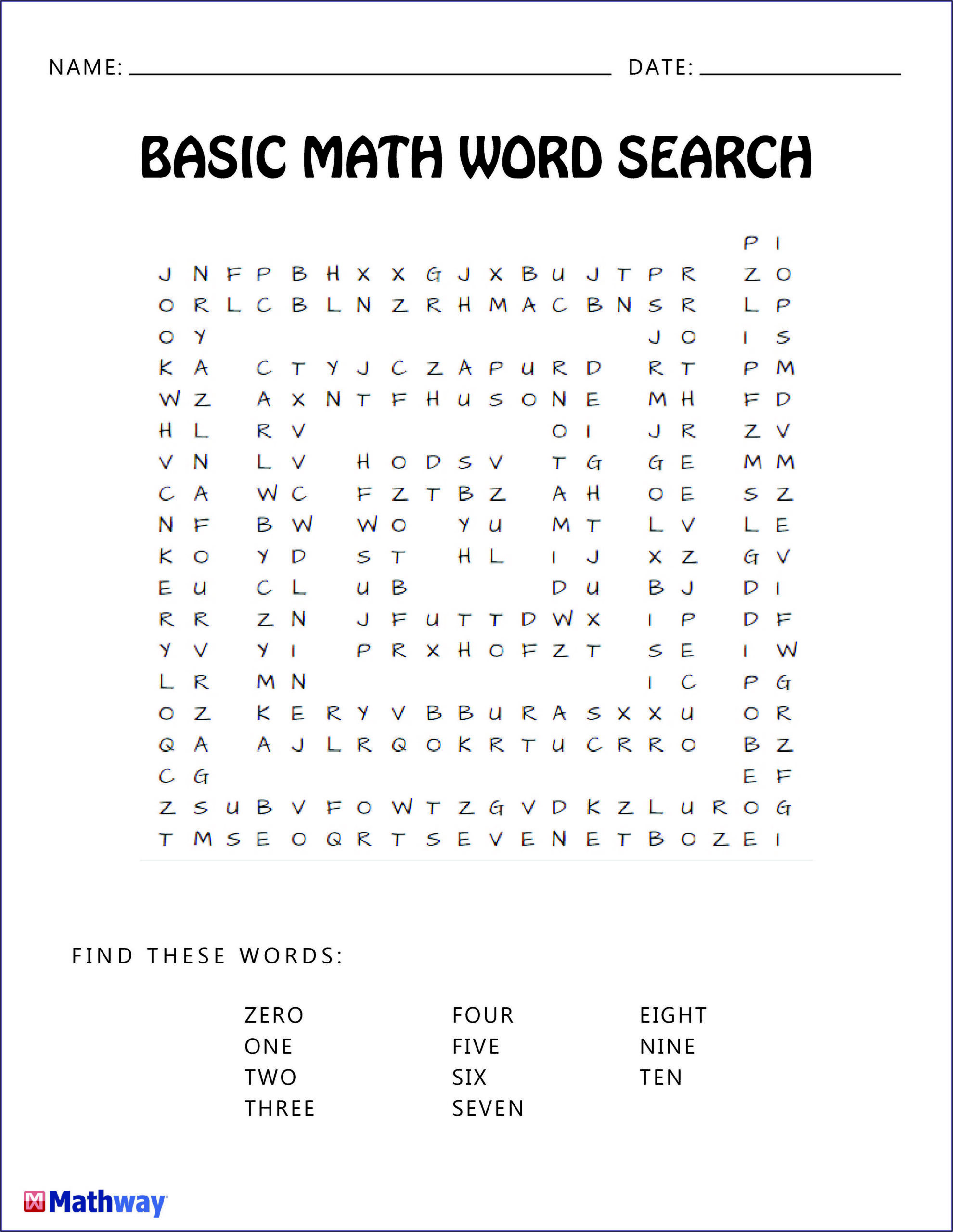 Easy Math Word Search Printable