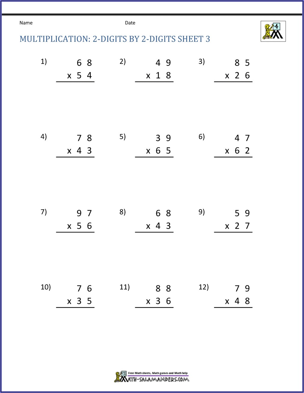 Free Multiplication Worksheets With Regrouping