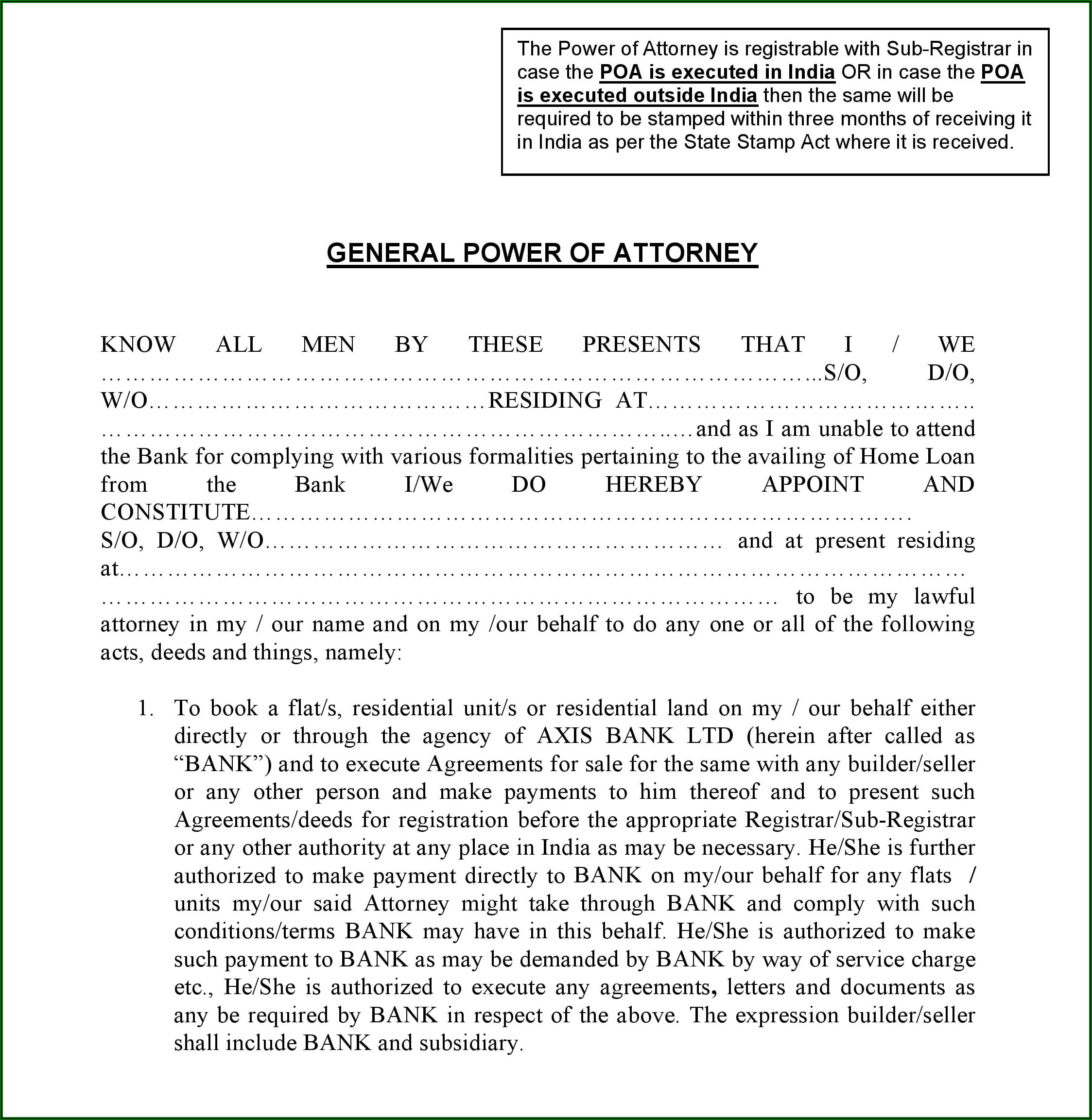 General Power Of Attorney Form India Sample