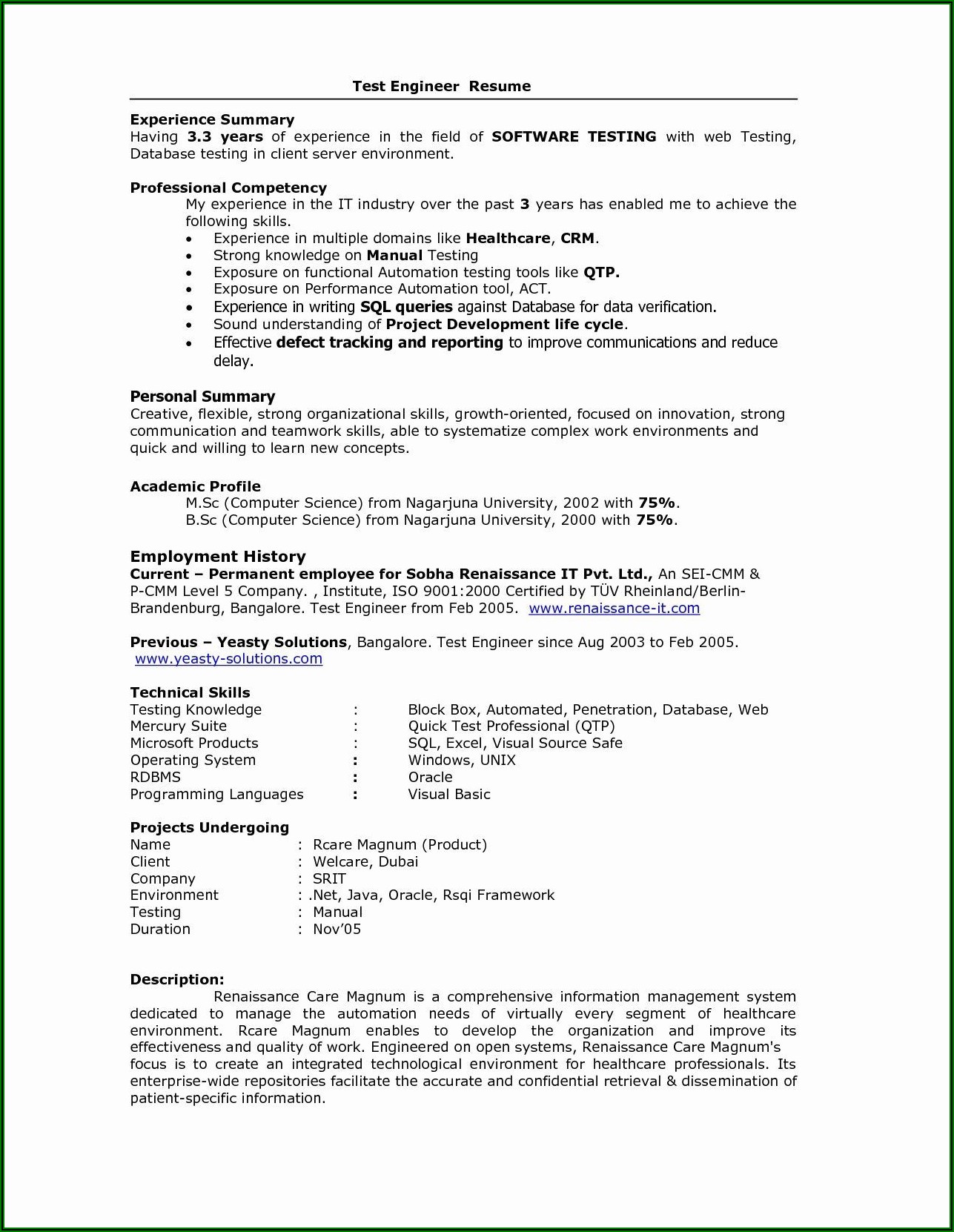 Manual Testing Resume Format For Experienced
