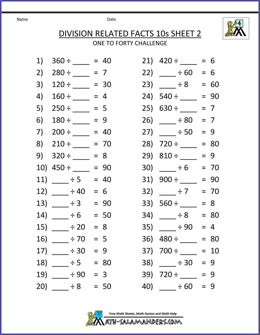 Math Facts Worksheets For 4th Grade