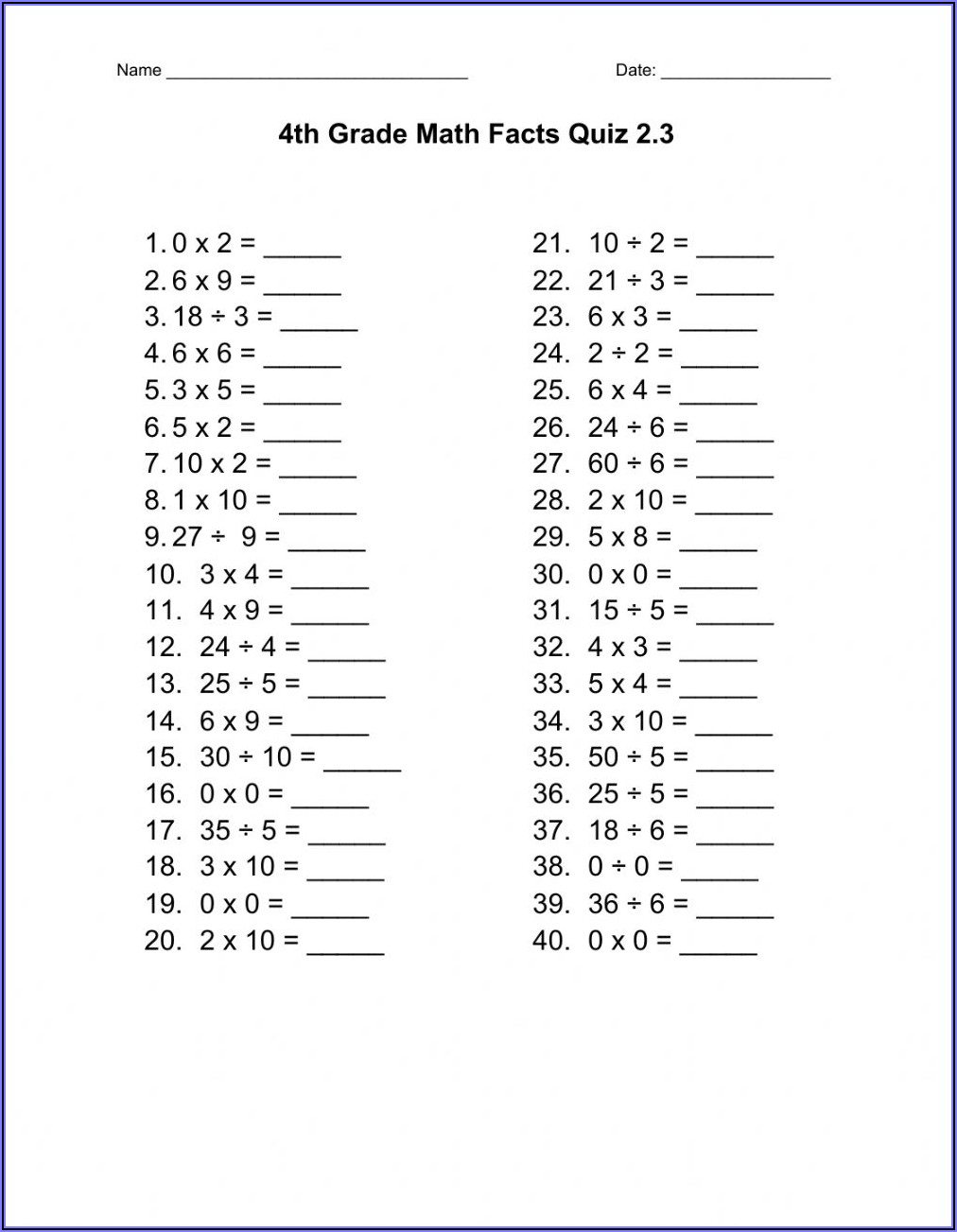 Math Facts Worksheets Grade 4