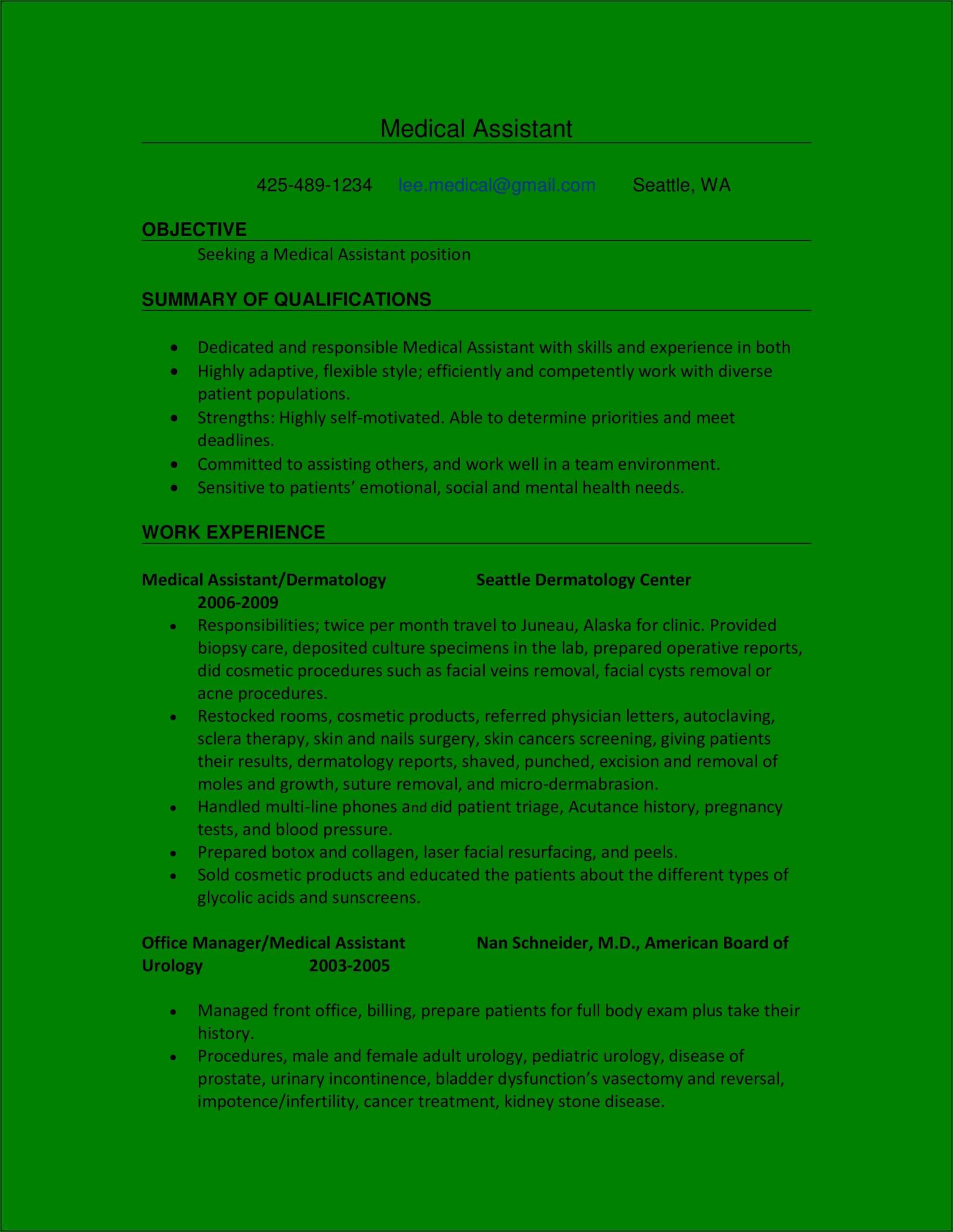 Medical Assistant Job Objective For Resume