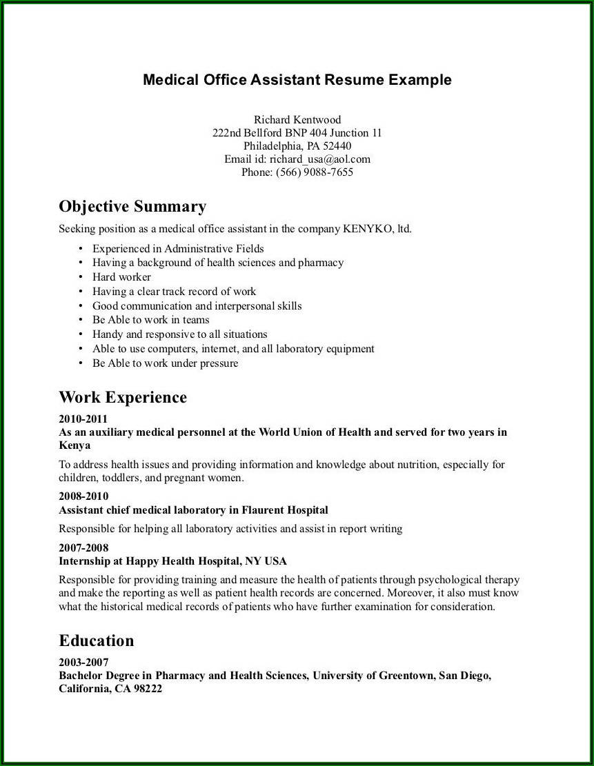 Medical Assistant Resume With No Experience Objective