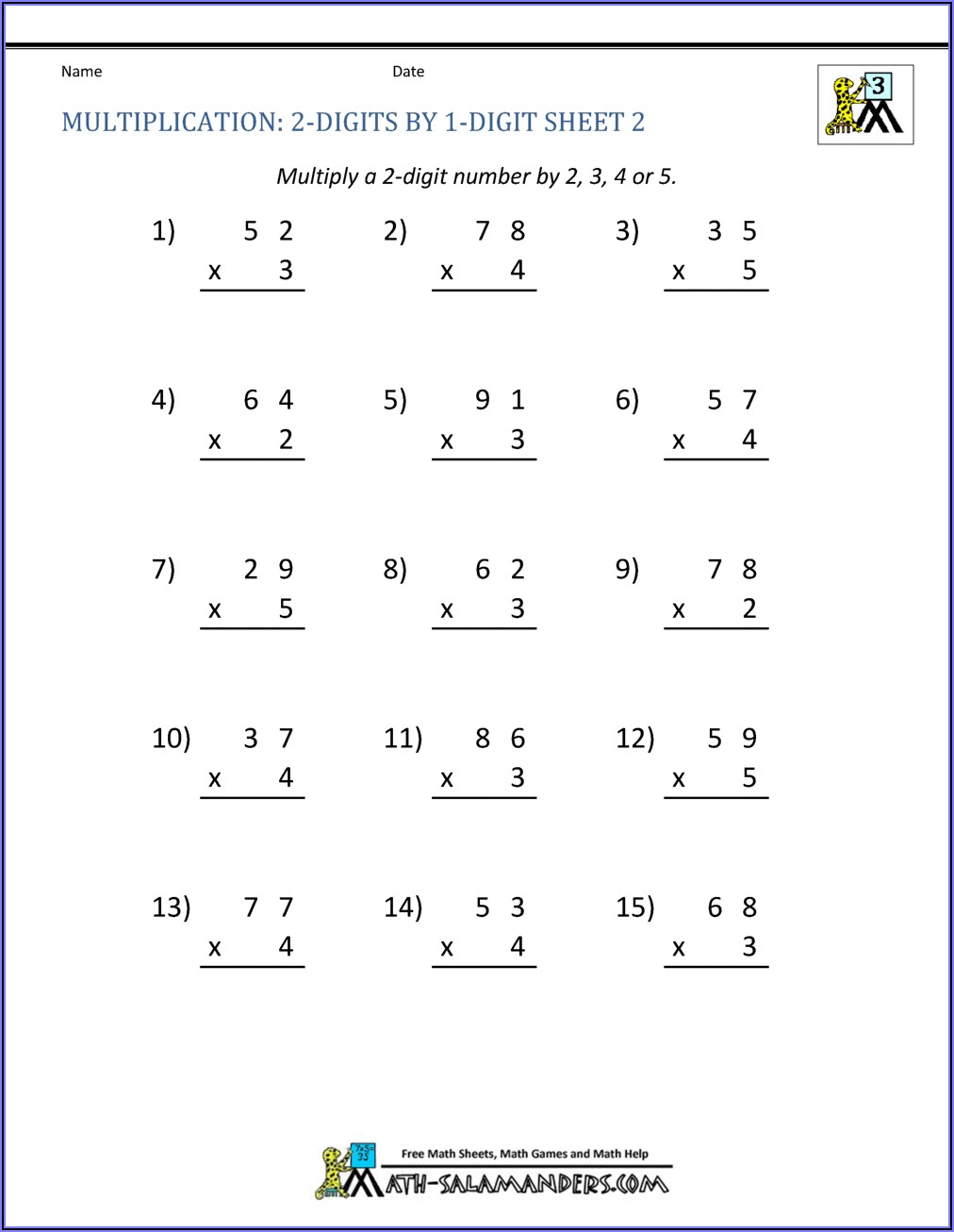 Multiplication Without Regrouping Worksheets For Grade 2